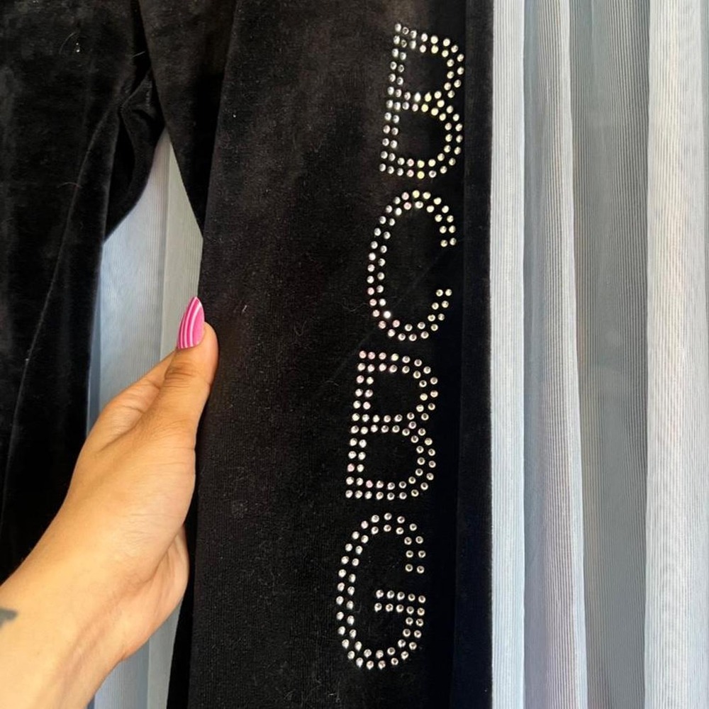 BCBG Rhinestone Black Velour Flare Track Pants